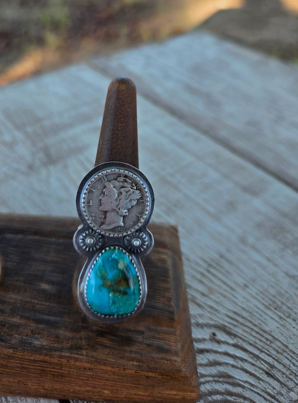 1937 Mercury Dime & Sonoran Turquoise Sterling Silver Ring - Size 8